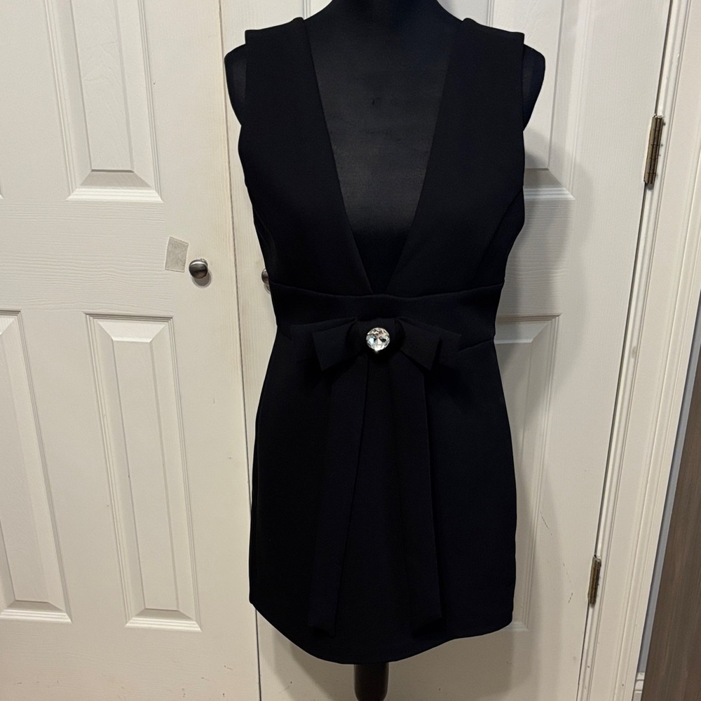Zara Black Mini Dress with Decorative Bow and Jewel